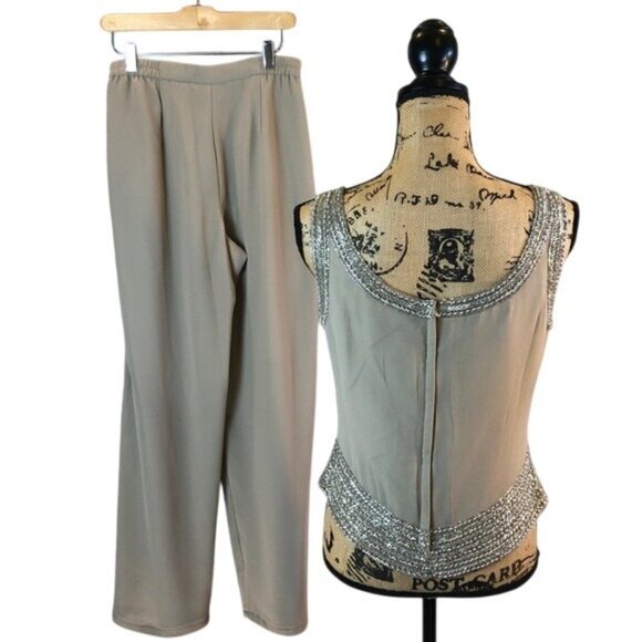 3 pc J Kara Formal Pant Suit Set Beaded Long Sheer Jacket Tank Top Beige 6 P - Picture 3 of 8
